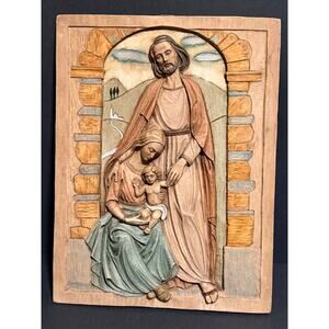 Vtg Antique Catholic Holy Family High Relief Plaque Traditional by Bertagna 12x9